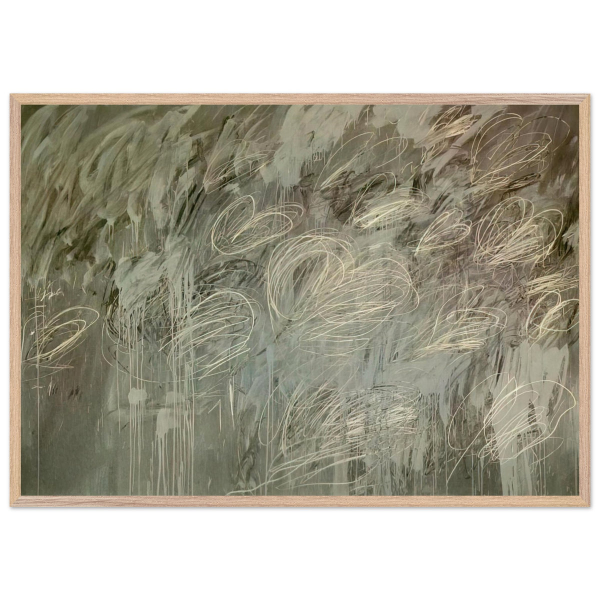 III Notes from Salalah (Note II) by Cy Twombly framed art print; featuring intricate ivory and pale gray looping lines across a richly layered background of muted olive green, gray; size 60 × 90 cm (24 × 36 in); white frame.