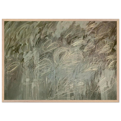 III Notes from Salalah (Note II) by Cy Twombly framed art print; featuring intricate ivory and pale gray looping lines across a richly layered background of muted olive green, gray; size 60 × 90 cm (24 × 36 in); white frame.