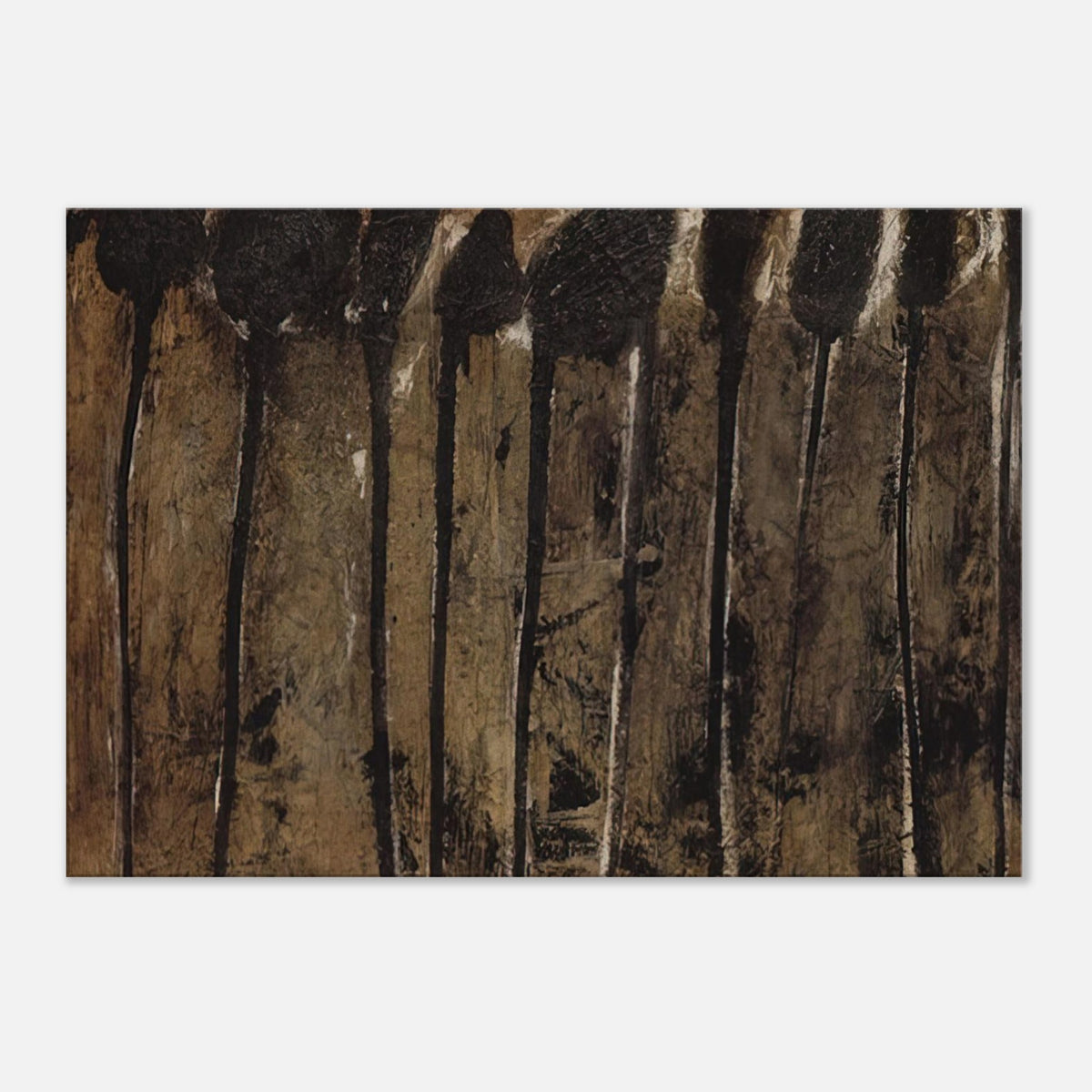 Solon I by Cy Twombly canvas print: This striking composition features elongated black and dark brown forms set against a textured background….