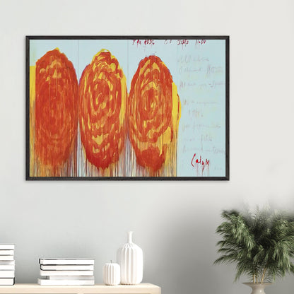 The Rose (II) by Cy Twombly framed art print; featuring three oversized rose-like forms in vibrant orange, fiery red.