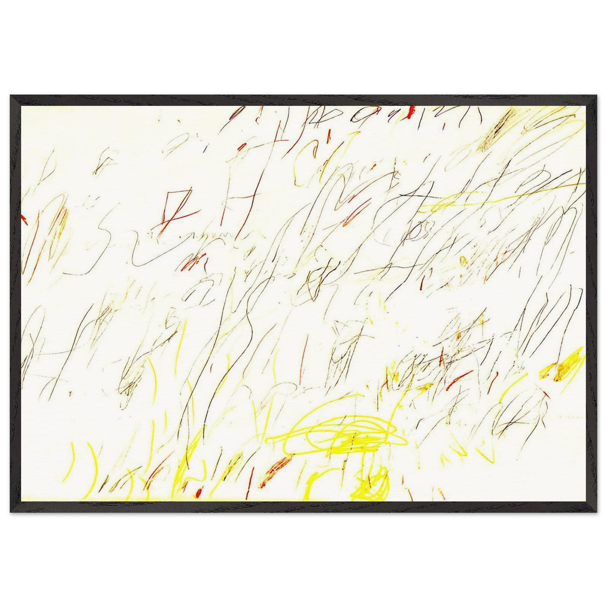 Blue Room by Cy Twombly framed art print; featuring delicate, spontaneous scribbles and gestural lines in shades of black, red, orange; size 800 × 1200 mm (32 × 48 in); white frame.