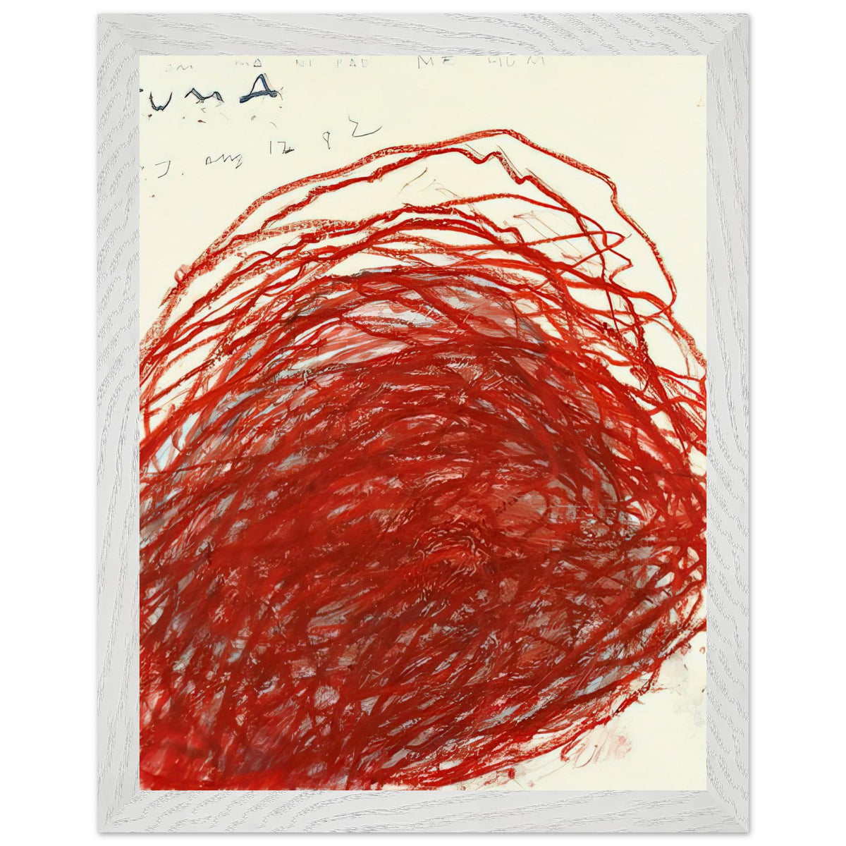 Suma by Cy Twombly, framed art print, sweeping red and crimson lines that overlap and curve across a warm, 40x50 cm (16x20 in), white frame