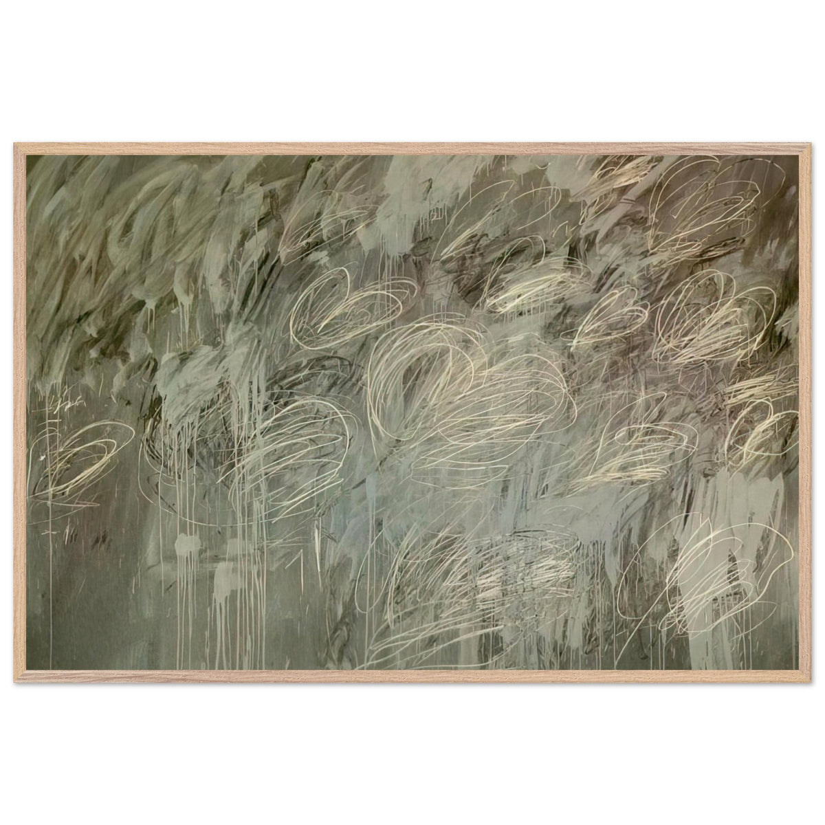 III Notes from Salalah (Note II) by Cy Twombly framed art print; featuring intricate ivory and pale gray looping lines across a richly layered background of muted olive green, gray; size 800 × 1200 mm (32 × 48 in); black frame.
