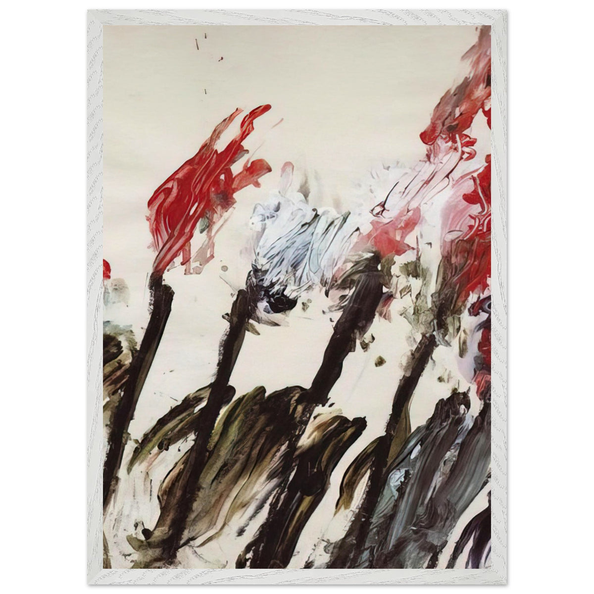 Nicola's Irises by Cy Twombly, framed art print, 40x50 cm / 16x20″, White frame; sweeping red and crimson brushstrokes, delicate pink accents, cool blue details
