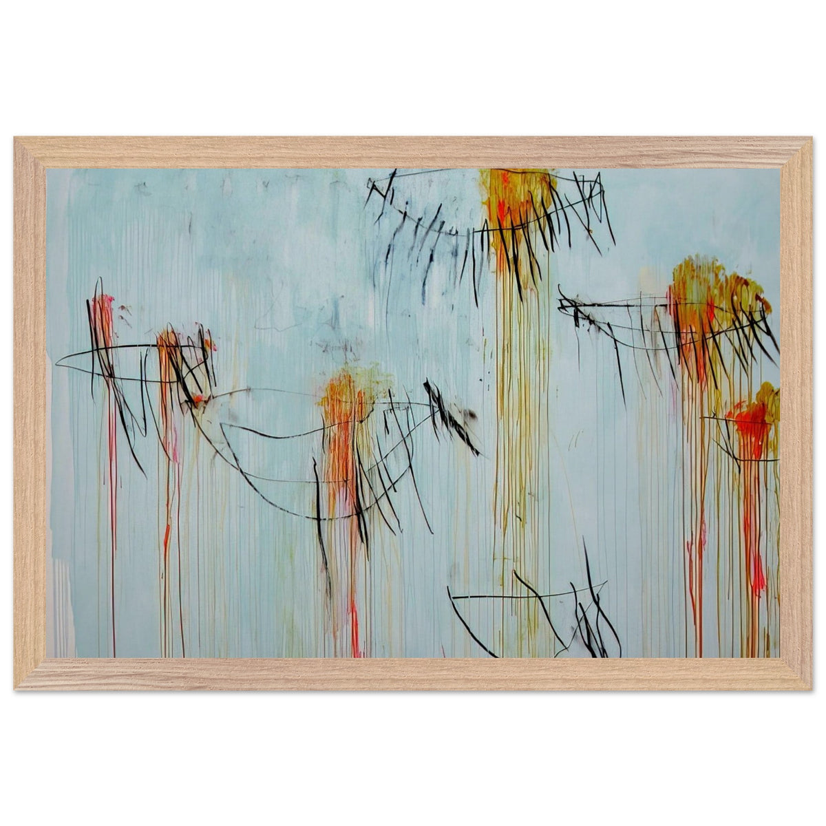 Lepanto, Part II by Cy Twombly framed art print; featuring a luminous turquoise-blue background, energetic black gestural lines, and vivid accents of yellow, orange; size 60 × 90 cm (24 × 36 in); black frame.