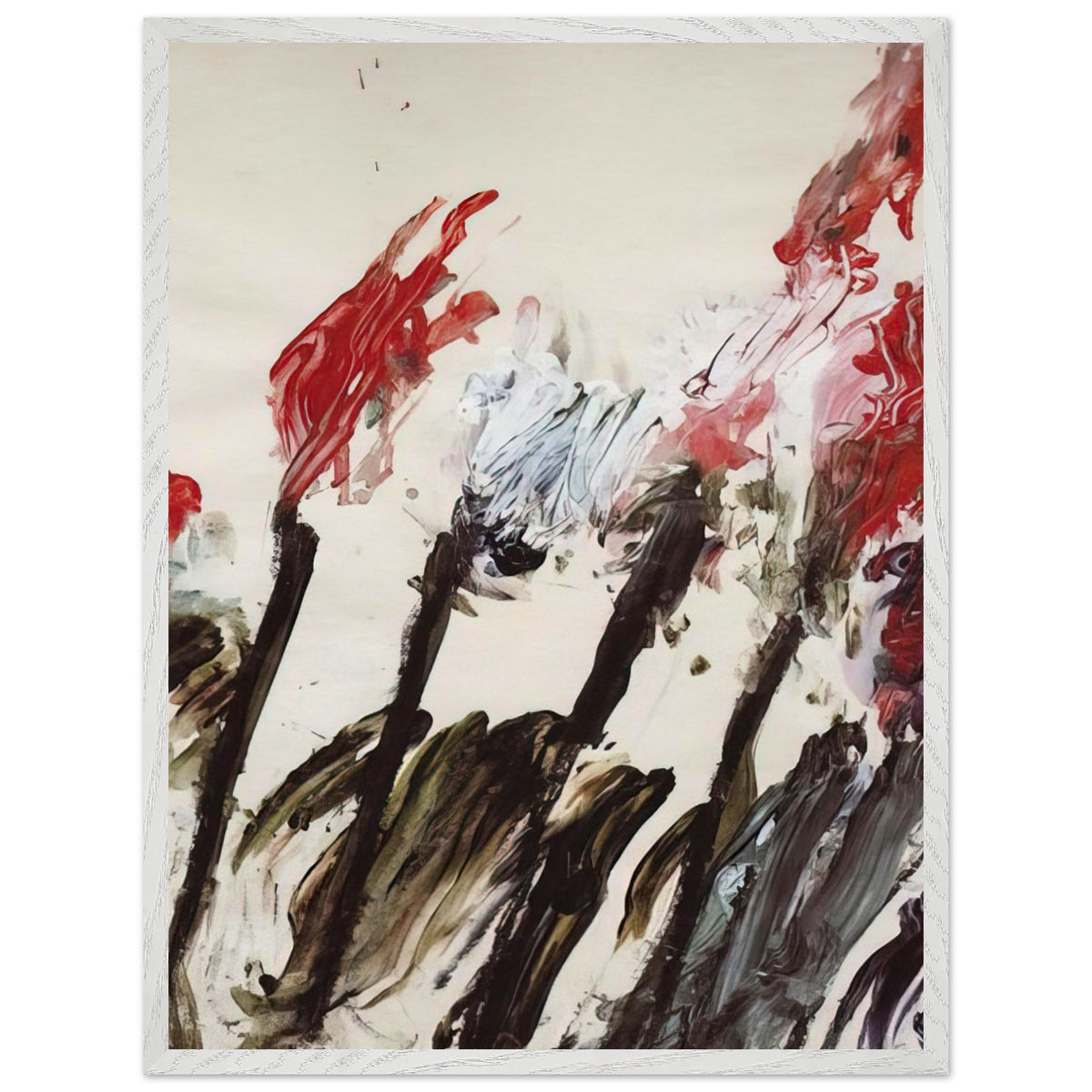Nicola's Irises by Cy Twombly, framed art print, 70x100 cm / 28x40″, Wood frame; sweeping red and crimson brushstrokes, delicate pink accents, cool blue details