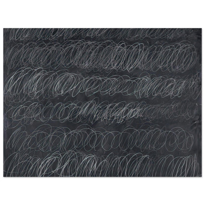 Cold Stream by Cy Twombly poster, 40 × 60 cm / 16 × 24 in: This monochromatic composition features repeated horizontal bands of overlapping white and gray loops….