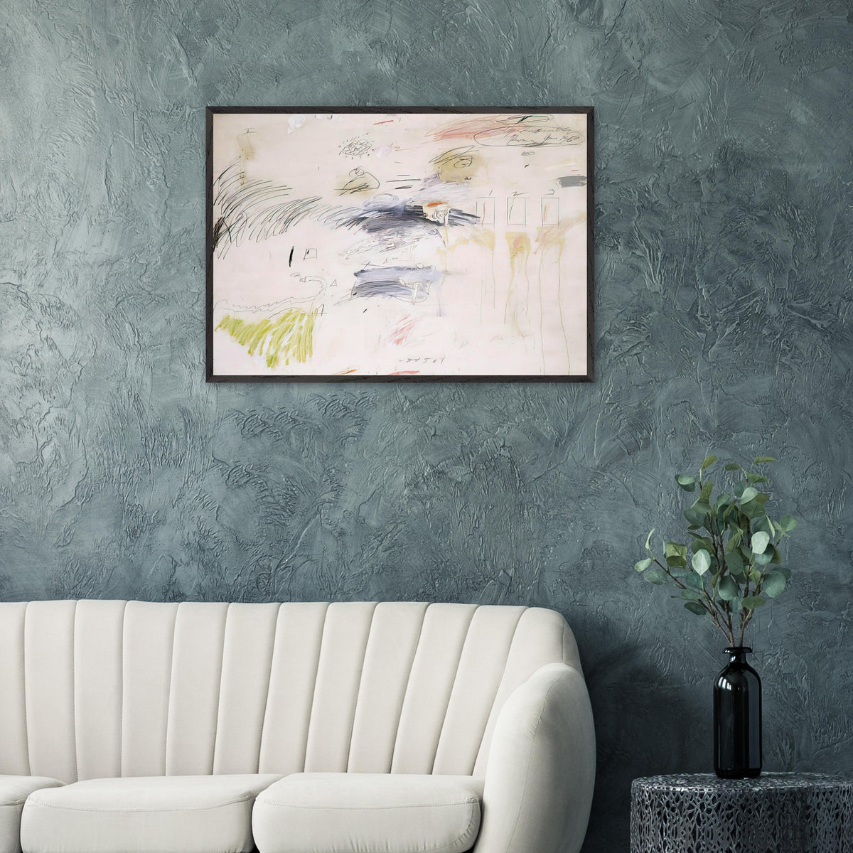 Untitled, Rome by Cy Twombly framed art print; featuring a warm ivory background layered with spontaneous black and charcoal lines, delicate pencil-like gestures.