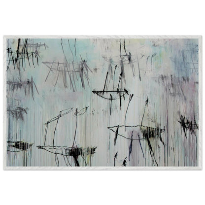 Lepanto, Part V by Cy Twombly framed art print; featuring a pale blue and ivory background, expressive black lines, delicate gray marks, subtle pink undertones; size 800 × 1200 mm (32 × 48 in); white frame.