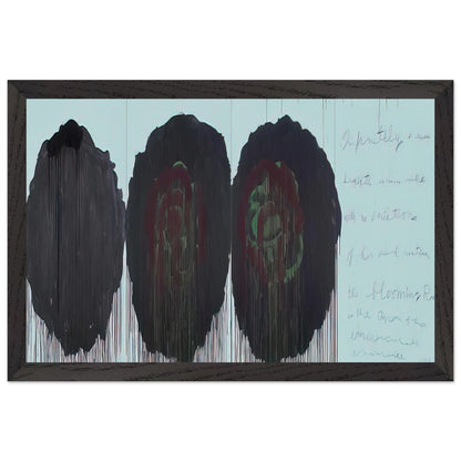The Rose (V) by Cy Twombly framed art print; featuring three monumental rose forms in deep black, charcoal, burgundy, and dark crimson; size 28 × 43 cm (11 × 17 in); wood frame.