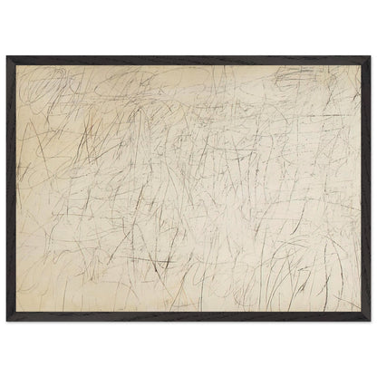 The Geeks by Cy Twombly framed art print; featuring an ivory and warm beige background covered with delicate pencil-like scribbles, intersecting lines; size A1 (59.4 × 84.1 cm); black frame.