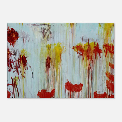 Lepanto, Part XI by Cy Twombly canvas print: This striking composition features a pale turquoise background layered with vivid yellow, golden ochre….