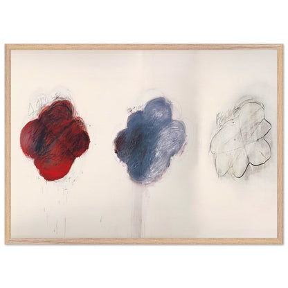 Fifty Days at Iliam: Shades of Achilles, Patroclus, and Hector by Cy Twombly framed art print; featuring three large, cloud-like forms arranged horizontally against a luminous ivory background; size 60 × 90 cm (24 × 36 in); white frame.