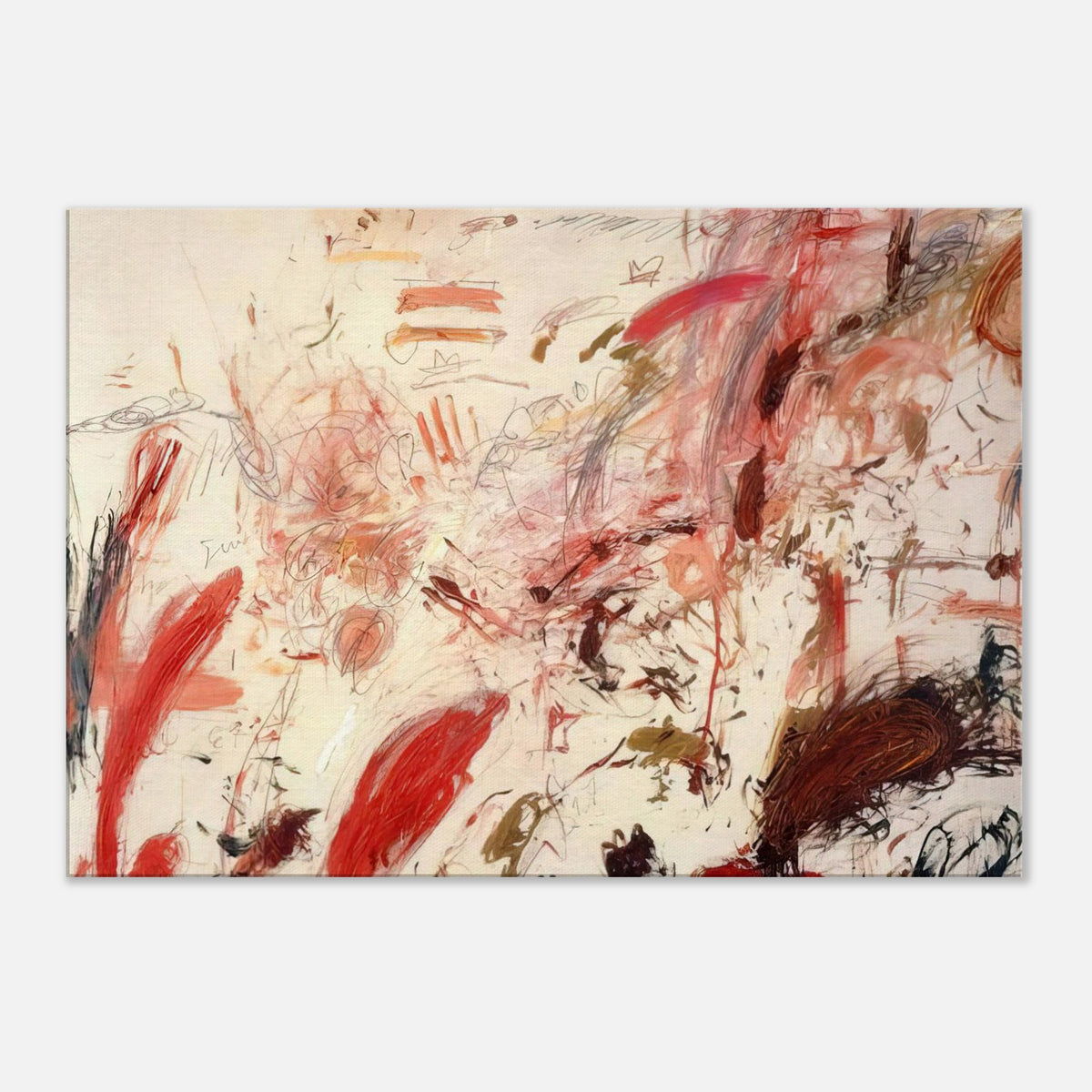 Ferragosto IV by Cy Twombly canvas print: a pale cream background covered with energetic brushstrokes, spontaneous lines, and layered marks in red….