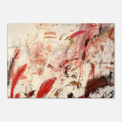 Ferragosto IV by Cy Twombly canvas print: a pale cream background covered with energetic brushstrokes, spontaneous lines, and layered marks in red….