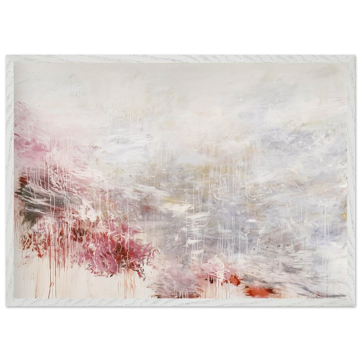 Hero and Leander (To Christopher Marlowe) [Rome] by Cy Twombly framed art print; featuring delicate washes of white, soft pink, dusty rose, and muted gray; size 28 × 43 cm (11 × 17 in); wood frame.