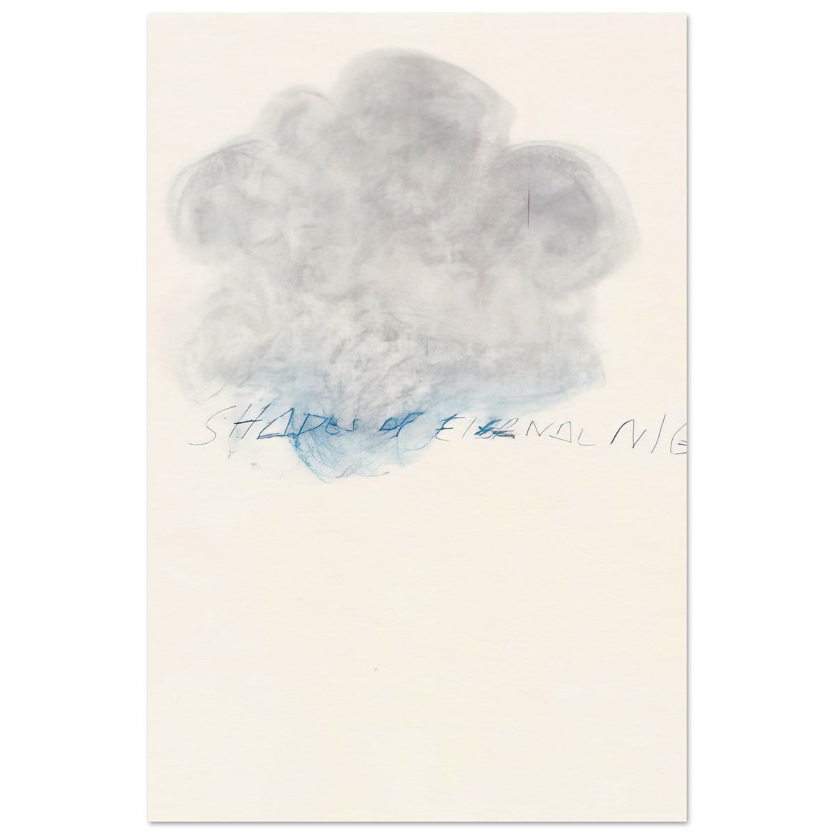 Fifty Days at Iliam: Shades of Eternal Night by Cy Twombly, poster, 20x25 cm / 8x10″; a delicate cloud of soft gray and pale blue tones floating across a warm, off-white background