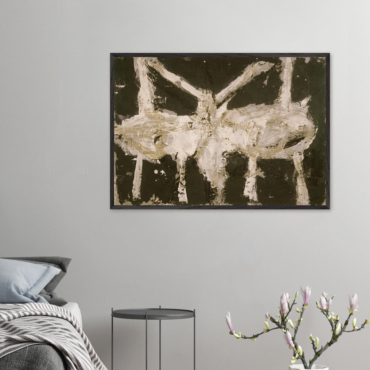 Min-Oe by Cy Twombly framed art print; featuring bold black and deep olive tones contrasted with expressive ivory and cream forms.