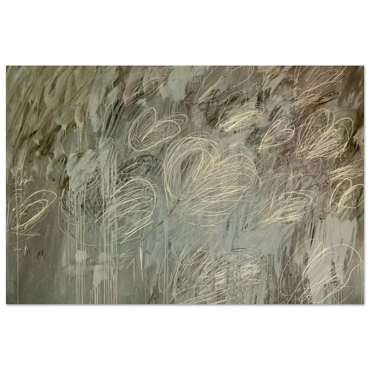 III Notes from Salalah (Note II) by Cy Twombly poster, A3 (29.7 × 42 cm): This expressive composition features a layered gray-green background covered with delicate ivory and pale….