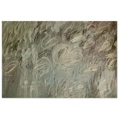 III Notes from Salalah (Note II) by Cy Twombly poster, A3 (29.7 × 42 cm): This expressive composition features a layered gray-green background covered with delicate ivory and pale….