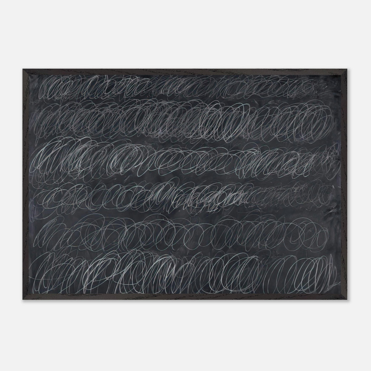 Cold Stream by Cy Twombly framed art print; featuring dense, repeating white and gray scribbled lines arranged in horizontal rows across a deep charcoal-gray.