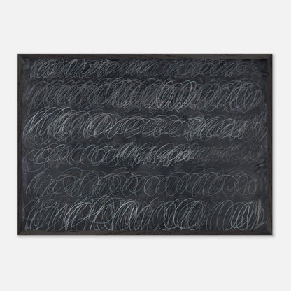 Cold Stream by Cy Twombly framed art print; featuring dense, repeating white and gray scribbled lines arranged in horizontal rows across a deep charcoal-gray.