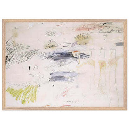Untitled, Rome by Cy Twombly framed art print; featuring a warm ivory background layered with spontaneous black and charcoal lines, delicate pencil-like gestures; size 60 × 90 cm (24 × 36 in); black frame.