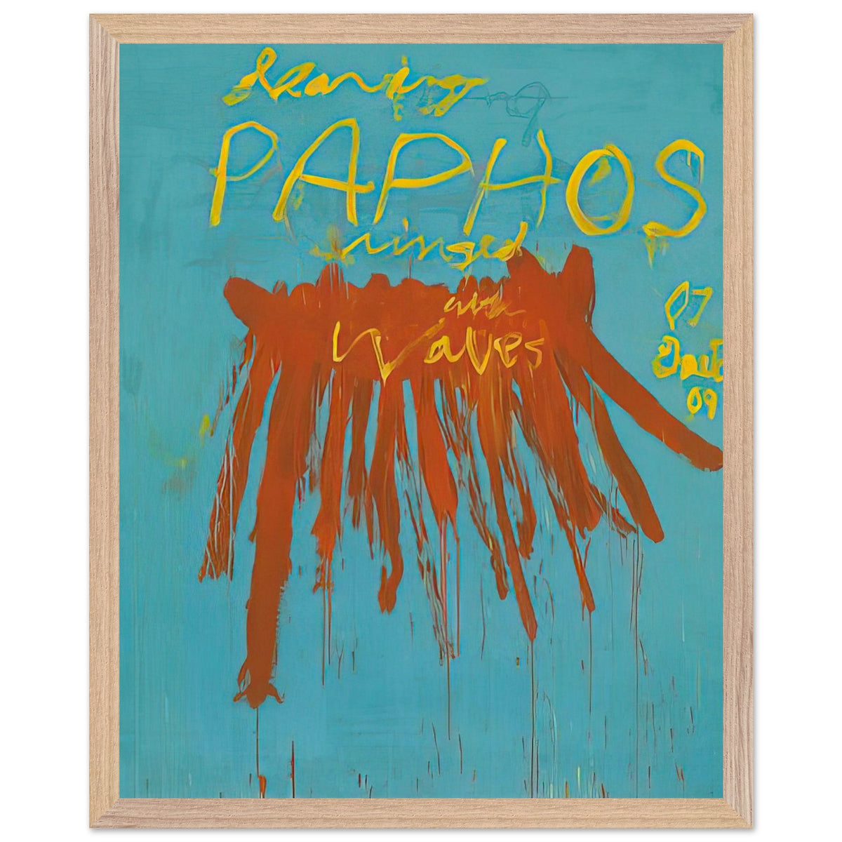Leaving Paphos Ringed with Waves (IV) by Cy Twombly, framed art print, 40x50 cm / 16x20″, Black frame; a turquoise background with bold orange-red brushstrokes and expressive yellow