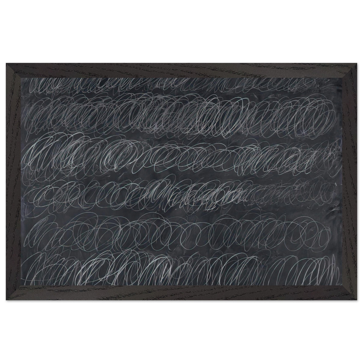 Cold Stream by Cy Twombly framed art print; featuring dense, repeating white and gray scribbled lines arranged in horizontal rows across a deep charcoal-gray; size 28 × 43 cm (11 × 17 in); black frame.