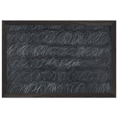 Cold Stream by Cy Twombly framed art print; featuring dense, repeating white and gray scribbled lines arranged in horizontal rows across a deep charcoal-gray; size 28 × 43 cm (11 × 17 in); black frame.
