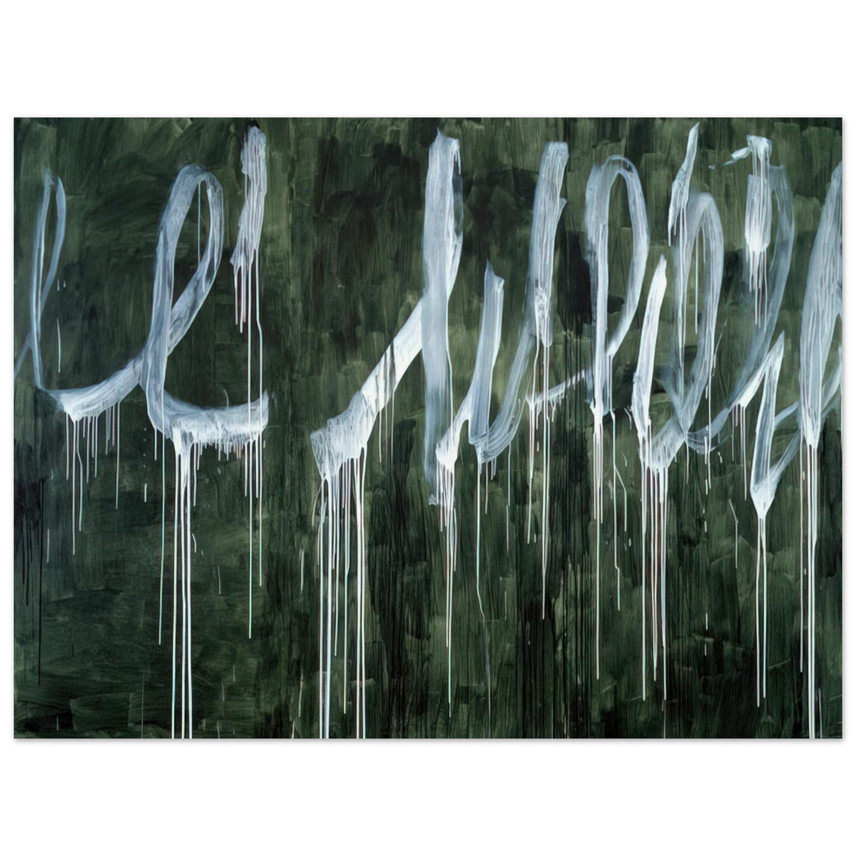 III Notes from Salalah (Note I) by Cy Twombly poster, 75 × 100 cm / 30 × 40 in: a deep forest-green background covered with oversized, flowing white loops and sweeping calligraphic….