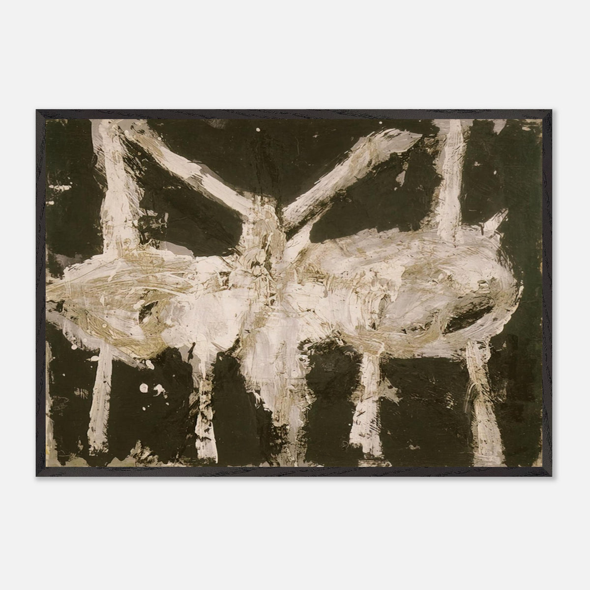 Min-Oe by Cy Twombly framed art print; featuring bold black and deep olive tones contrasted with expressive ivory and cream forms.