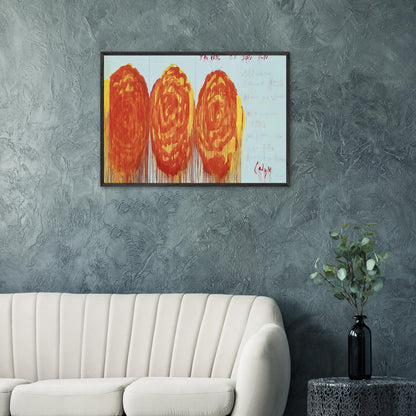 The Rose (II) by Cy Twombly framed art print; featuring three oversized rose-like forms in vibrant orange, fiery red.