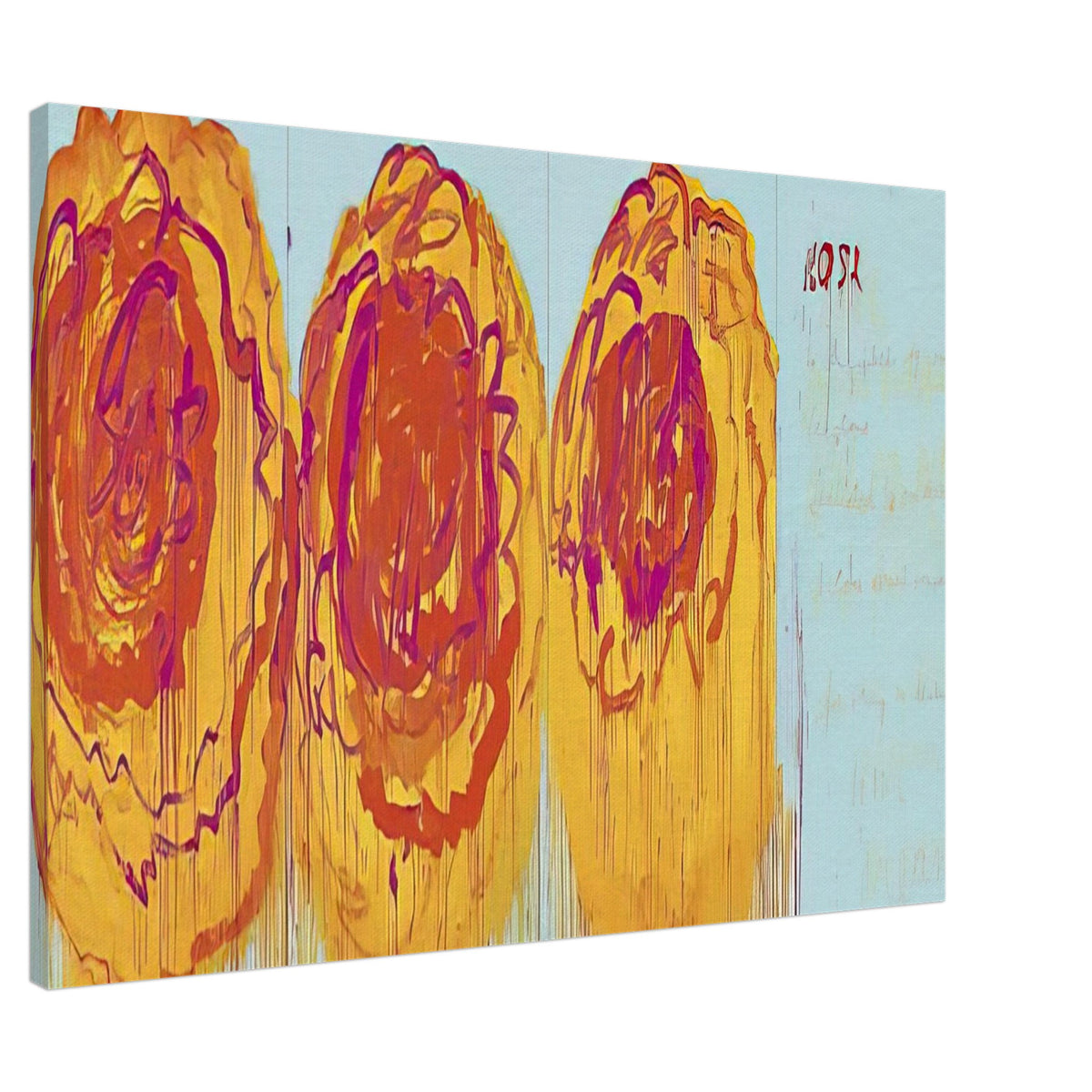 The Rose (I) by Cy Twombly canvas print, 40 × 50 cm / 16 × 20 in: This striking composition features three large, rose-inspired forms in vivid red, orange, yellow….