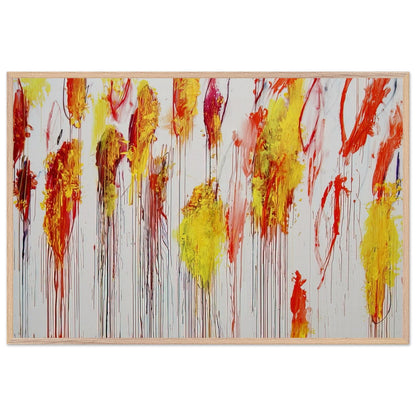 Lepanto, Part XII by Cy Twombly framed art print; featuring vibrant golden-yellow and orange brushstrokes, fiery red and crimson accents; size 28 × 43 cm (11 × 17 in); wood frame.