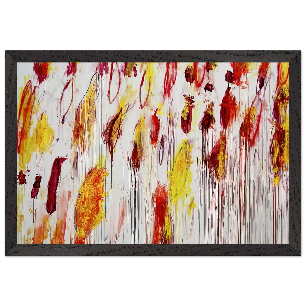 Lepanto, Part IV by Cy Twombly framed art print; featuring vivid yellow and golden-orange pigments, fiery red and crimson brushstrokes, delicate pink accents; size 50 × 70 cm (20 × 28 in); wood frame.