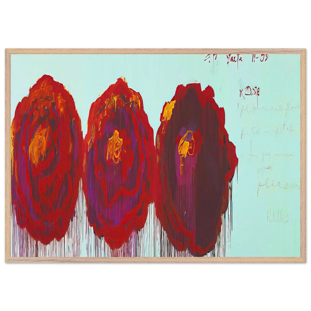 The Rose (IV) by Cy Twombly framed art print; featuring three oversized rose forms in deep crimson, fiery red, rich burgundy, and vivid violet; size 50 × 70 cm (20 × 28 in); black frame.