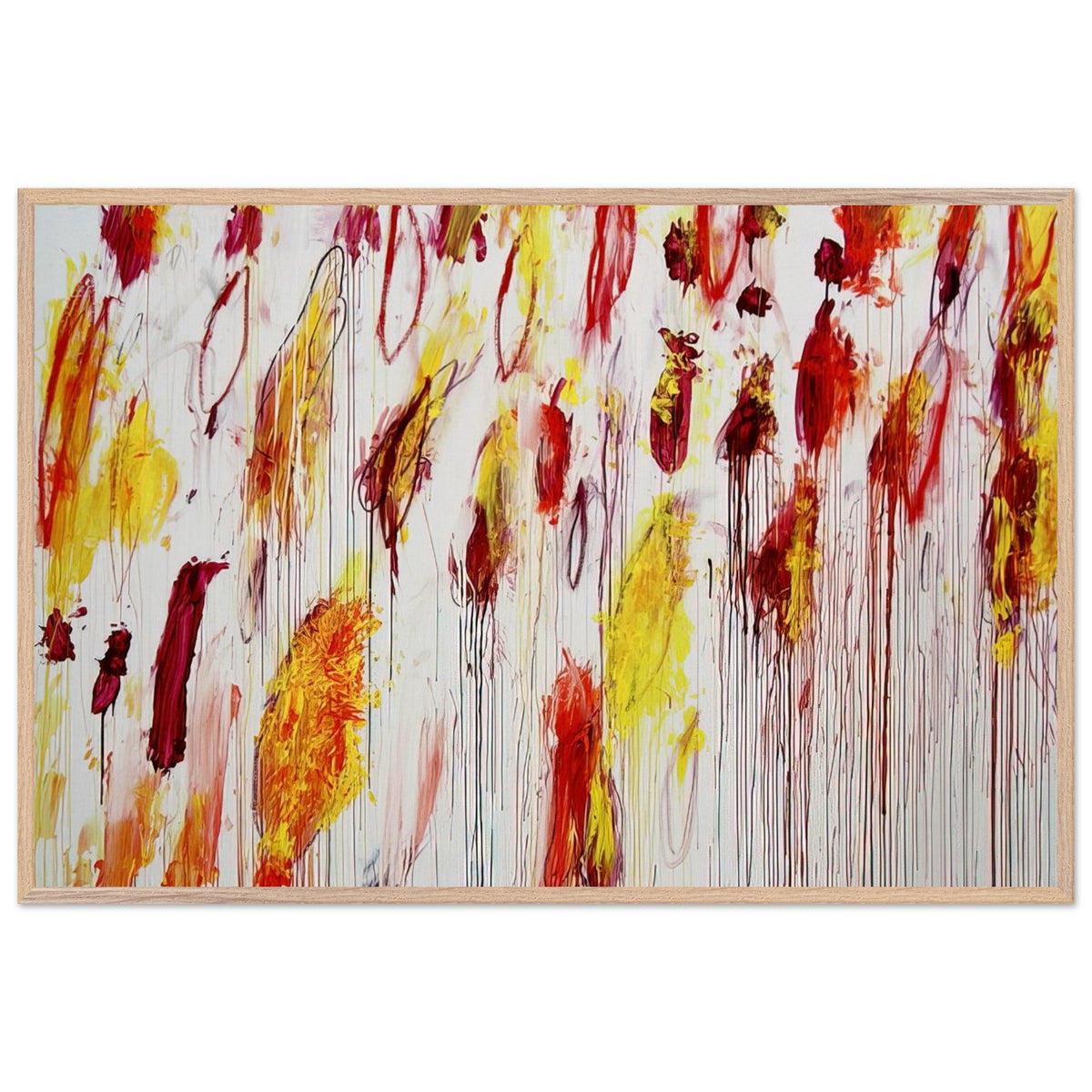 Lepanto, Part IV by Cy Twombly framed art print; featuring vivid yellow and golden-orange pigments, fiery red and crimson brushstrokes, delicate pink accents; size 28 × 43 cm (11 × 17 in); white frame.