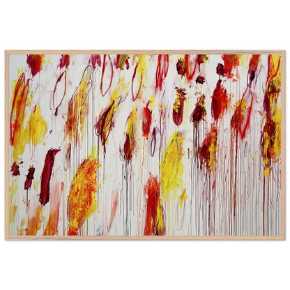 Lepanto, Part IV by Cy Twombly framed art print; featuring vivid yellow and golden-orange pigments, fiery red and crimson brushstrokes, delicate pink accents; size 28 × 43 cm (11 × 17 in); white frame.