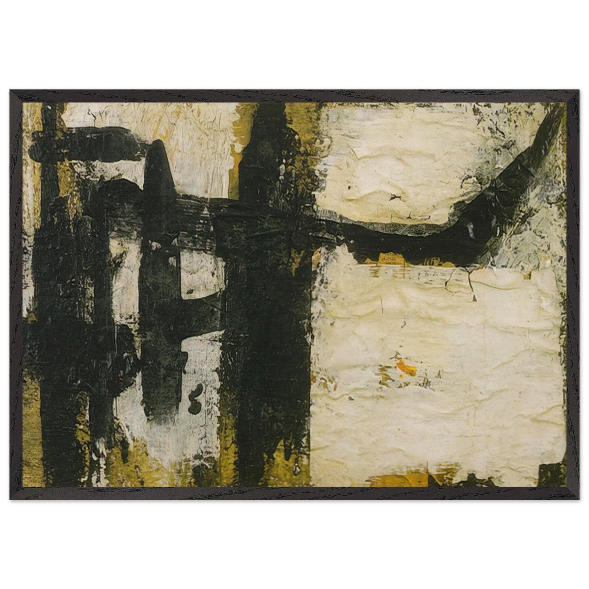 Landscape by Cy Twombly framed art print; featuring bold black and charcoal forms, textured ivory and cream surfaces, and subtle accents of ochre, olive green; size A1 (59.4 × 84.1 cm); wood frame.