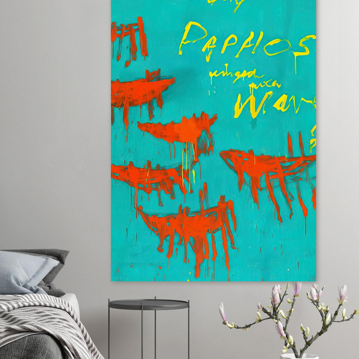 Leaving Paphos Ringed with Waves (III) by Cy Twombly, poster; a turquoise background with bold orange-red boat-like forms and spontaneous yellow handwritten lettering