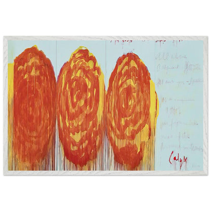 The Rose (II) by Cy Twombly framed art print; featuring three oversized rose-like forms in vibrant orange, fiery red; size 60 × 90 cm (24 × 36 in); black frame.