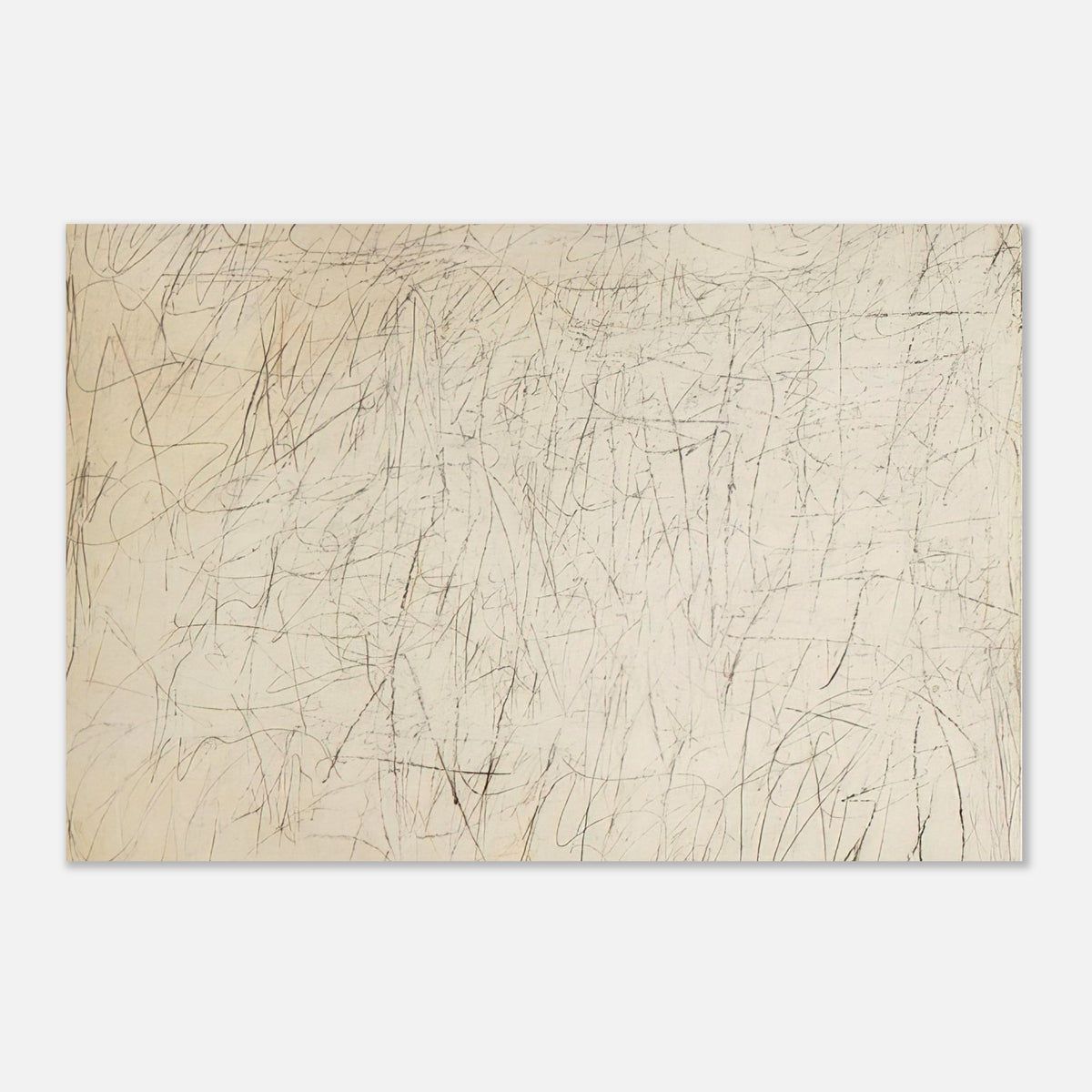 The Geeks by Cy Twombly poster: This expressive composition features a warm ivory background covered with an intricate network….