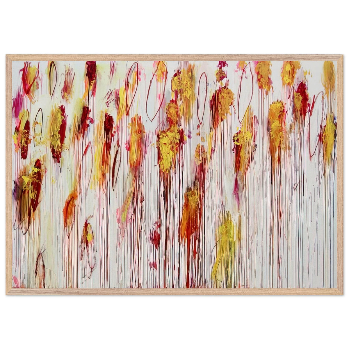 Lepanto, Part VIII by Cy Twombly framed art print; featuring vivid golden-yellow and orange brushstrokes, deep crimson and burgundy accents, delicate pink marks; size 50 × 70 cm (20 × 28 in); wood frame.