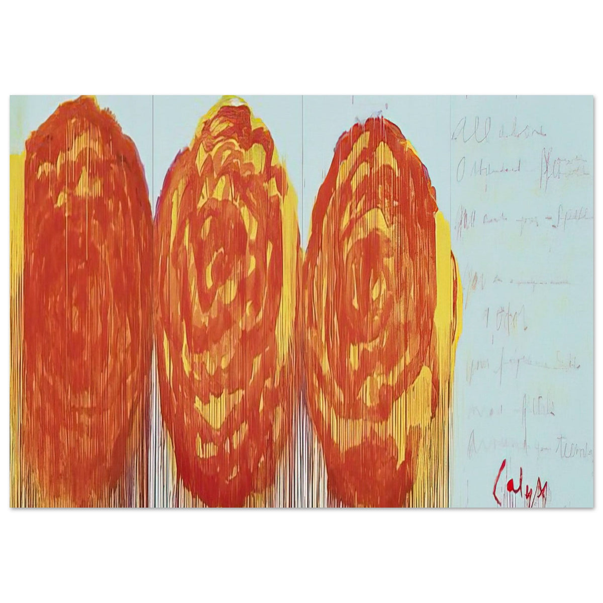 The Rose (II) by Cy Twombly poster, 60 × 90 cm / 24 × 36 in: This expressive composition features three large, rose-inspired forms rendered in vivid shades of red….