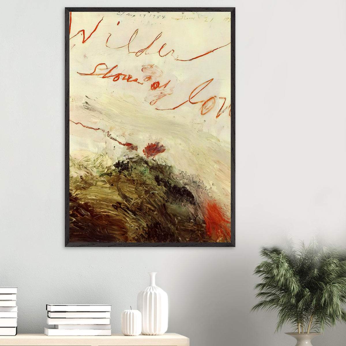 Wilder Shores of Love by Cy Twombly, framed art print, sweeping red and orange handwritten marks, subtle pencil lines