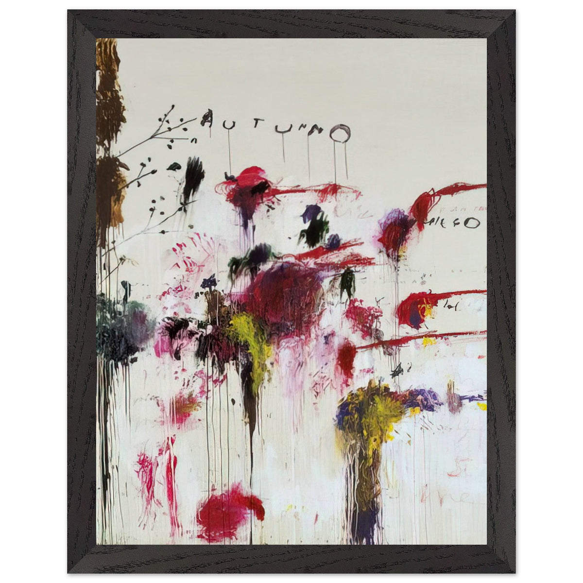 Quattro Stagioni II. Autunno by Cy Twombly, framed art print, bold red and crimson brushstrokes, rich purple and burgundy accents, 60x80 cm (24x32 in), black frame