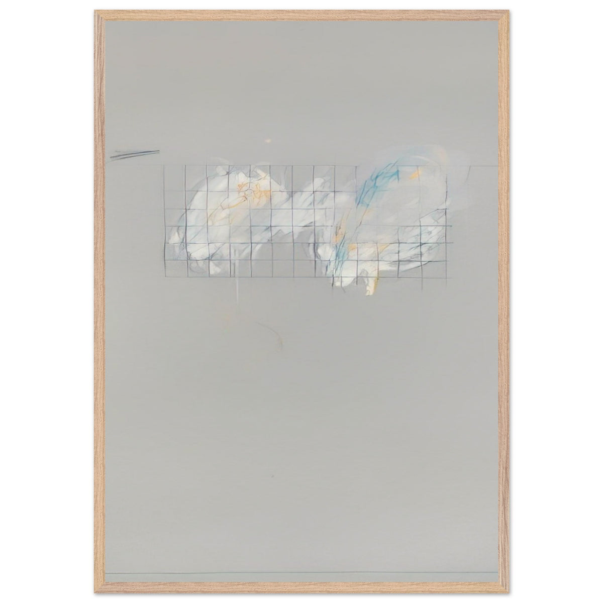 Nine Discourses on Commodus, Part I by Cy Twombly, framed art print, 40x50 cm / 16x20″, Wood frame; a muted gray background, a delicate grid of intersecting lines