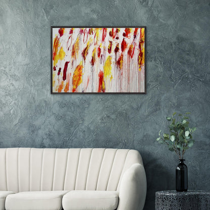 Lepanto, Part IV by Cy Twombly framed art print; featuring vivid yellow and golden-orange pigments, fiery red and crimson brushstrokes, delicate pink accents.