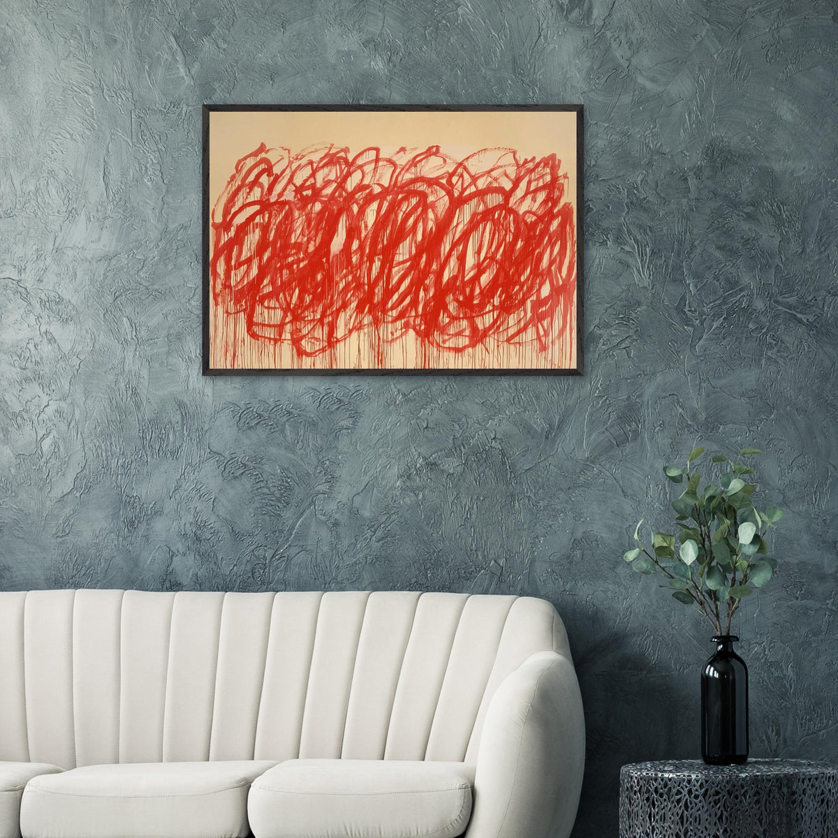Untitled (Bacchus) by Cy Twombly framed art print; featuring sweeping vermilion-red brushstrokes, overlapping loops, energetic curves.